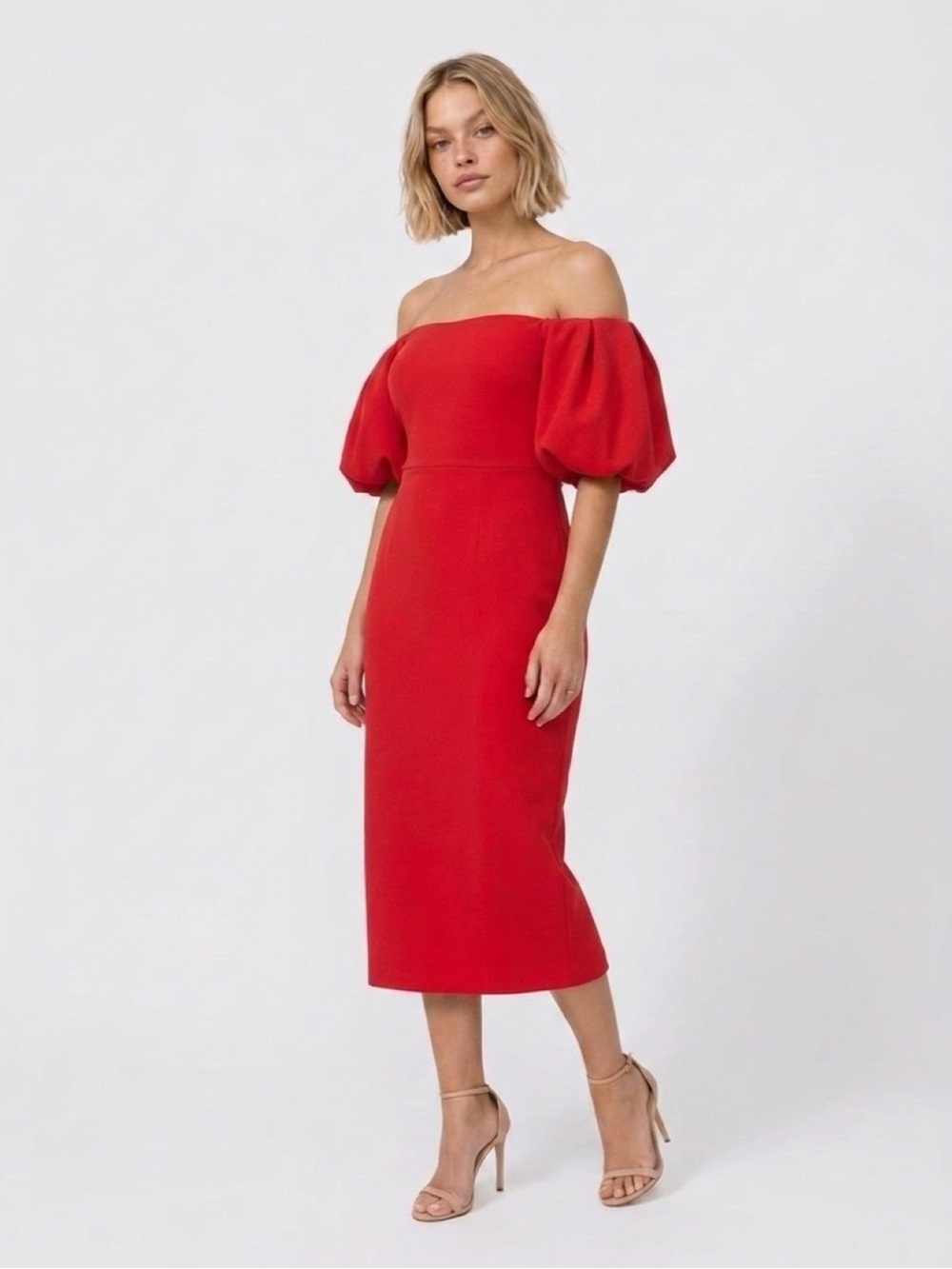 Shoshanna Red Off-Shoulder Puff Sleeve Midi Dress